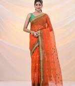 Orange pure cotton tant saree with woven designs