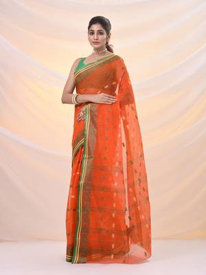 Orange pure cotton tant saree with woven designs 2