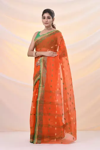 Orange pure cotton tant saree with woven designs