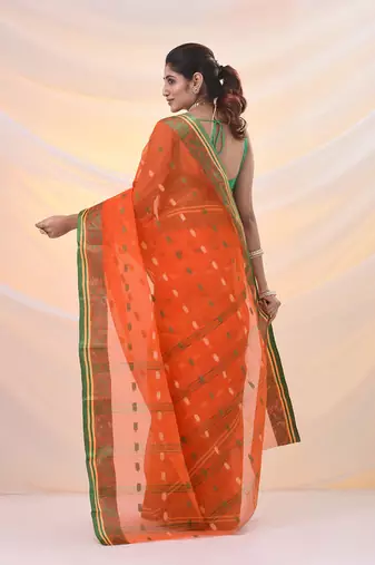 Orange pure cotton tant saree with woven designs