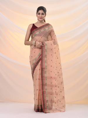 Beige pure cotton tant saree with woven designs 1