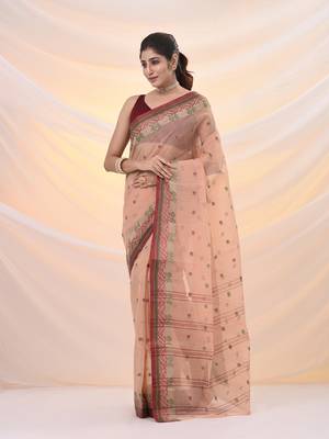 Beige pure cotton tant saree with woven designs 2
