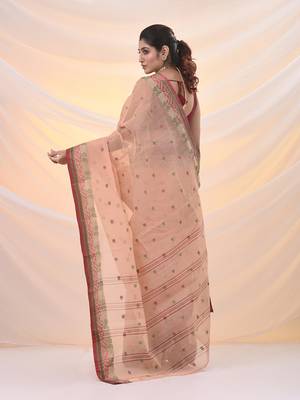 Beige pure cotton tant saree with woven designs 3