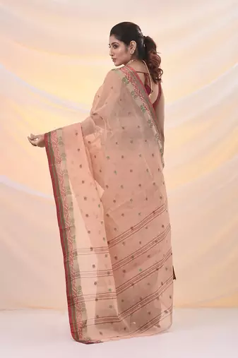 Beige pure cotton tant saree with woven designs