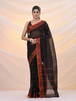 Black pure cotton tant saree with woven designs 1