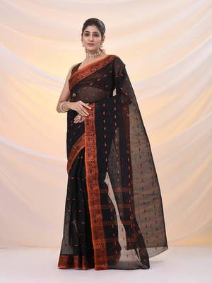 Black pure cotton tant saree with woven designs 2