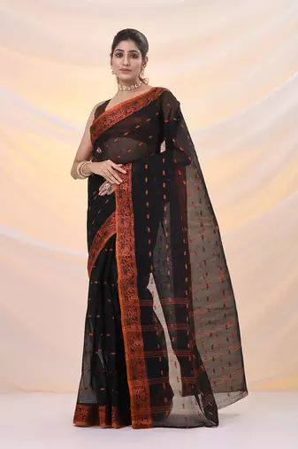Black pure cotton tant saree with woven designs