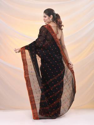 Black pure cotton tant saree with woven designs 3