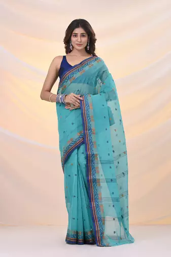 Sea green pure cotton tant saree with woven designs