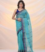 Sea green pure cotton tant saree with woven designs