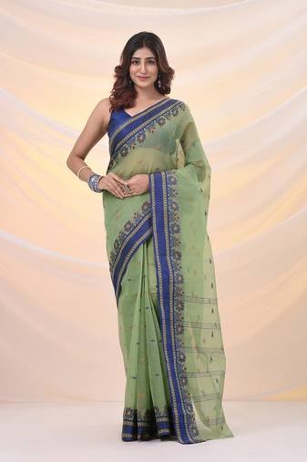 Pistachio green pure cotton tant saree with woven designs