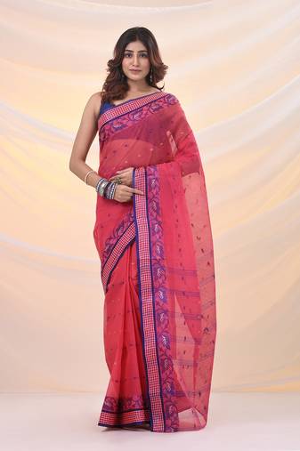 Punch pink pure cotton tant saree with woven designs
