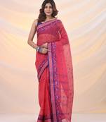 Punch pink pure cotton tant saree with woven designs