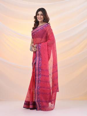 Punch pink pure cotton tant saree with woven designs 2