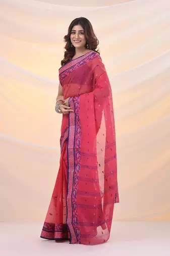Punch pink pure cotton tant saree with woven designs