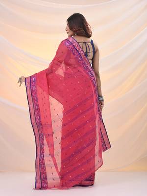 Punch pink pure cotton tant saree with woven designs 3