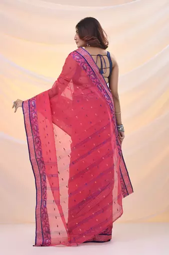Punch pink pure cotton tant saree with woven designs