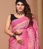 Pink hand block printed with natural dye cotton silk saree with blouse piece
