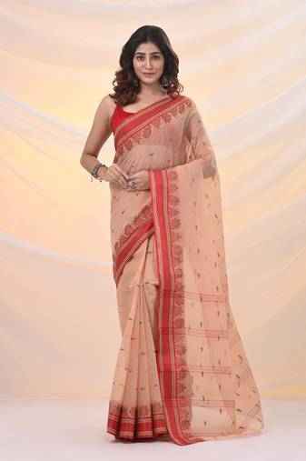 Beige pure cotton tant saree with woven designs