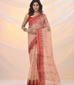 Beige pure cotton tant saree with woven designs