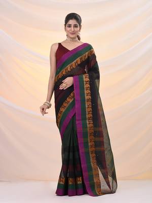 Forest green pure cotton tant saree with woven designs 1
