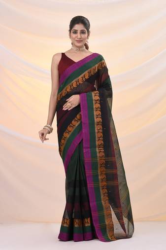 Forest green pure cotton tant saree with woven designs