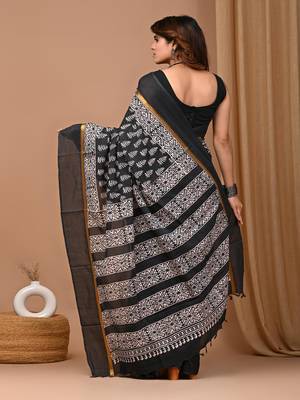 Black hand block printed with natural dye cotton silk saree with blouse piece 3