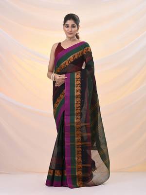 Forest green pure cotton tant saree with woven designs 2
