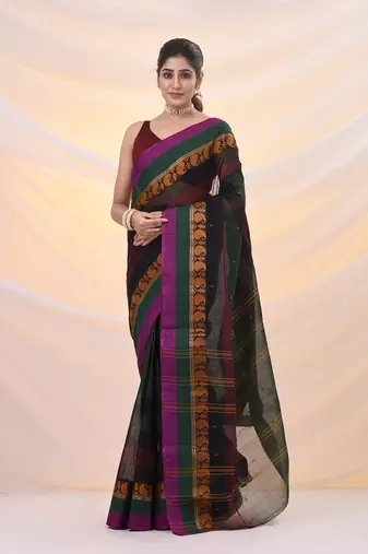 Forest green pure cotton tant saree with woven designs