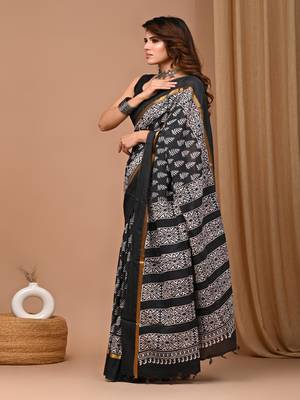 Black hand block printed with natural dye cotton silk saree with blouse piece 4