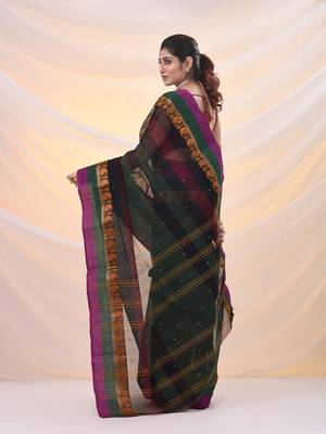 Forest green pure cotton tant saree with woven designs 3