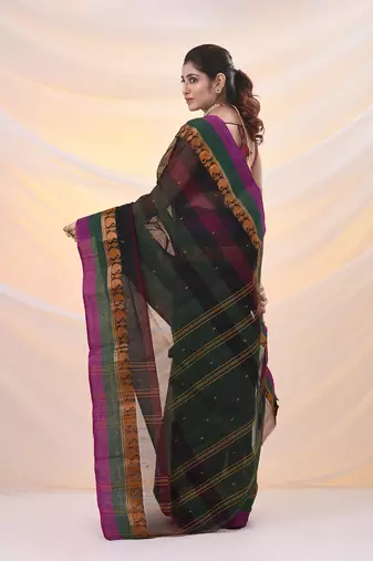 Forest green pure cotton tant saree with woven designs