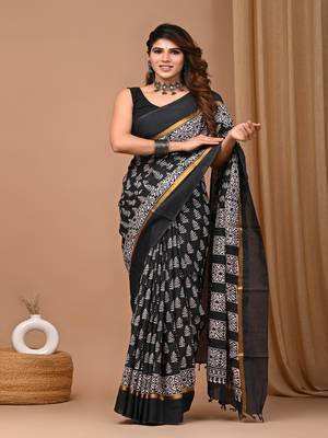 Black hand block printed with natural dye cotton silk saree with blouse piece 1