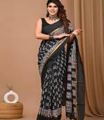 Black hand block printed with natural dye cotton silk saree with blouse piece