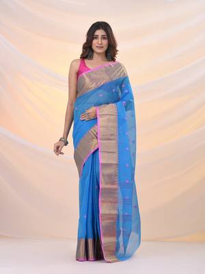 Sky blue pure cotton tant saree with zari border 1