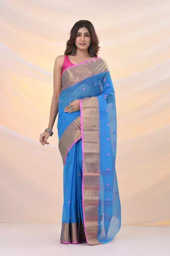 Sky blue pure cotton tant saree with zari border