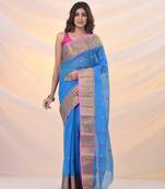 Sky blue pure cotton tant saree with zari border