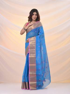 Sky blue pure cotton tant saree with zari border 2