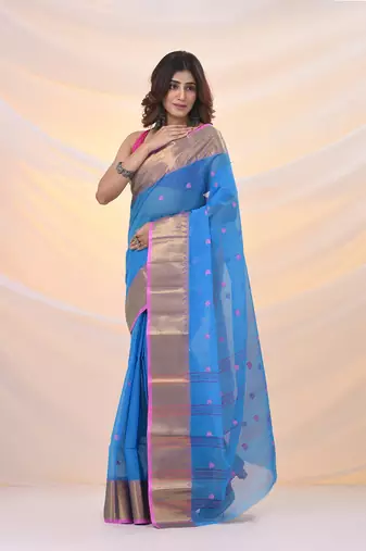 Sky blue pure cotton tant saree with zari border