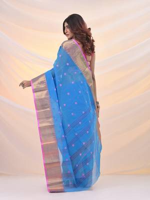 Sky blue pure cotton tant saree with zari border 3
