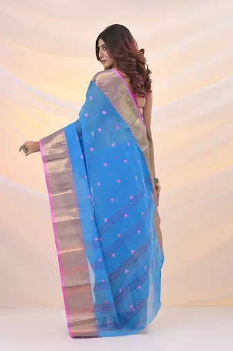 Sky blue pure cotton tant saree with zari border