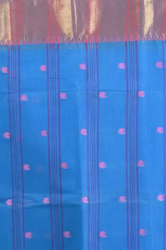 Sky blue pure cotton tant saree with zari border