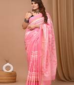 Pink hand block printed with natural dye cotton silk saree with blouse piece