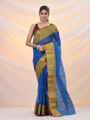Sapphire blue pure cotton tant saree with zari border 1