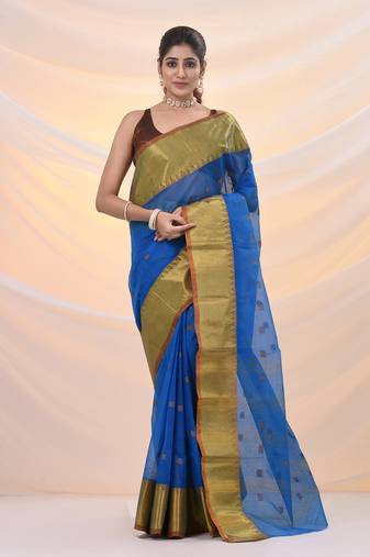 Sapphire blue pure cotton tant saree with zari border