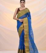 Sapphire blue pure cotton tant saree with zari border