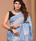 Blue hand block printed with natural dye cotton silk saree with blouse piece