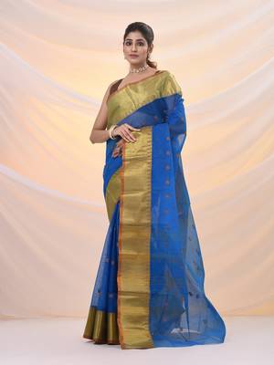 Sapphire blue pure cotton tant saree with zari border 2