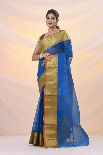 Sapphire blue pure cotton tant saree with zari border