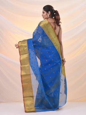 Sapphire blue pure cotton tant saree with zari border 3